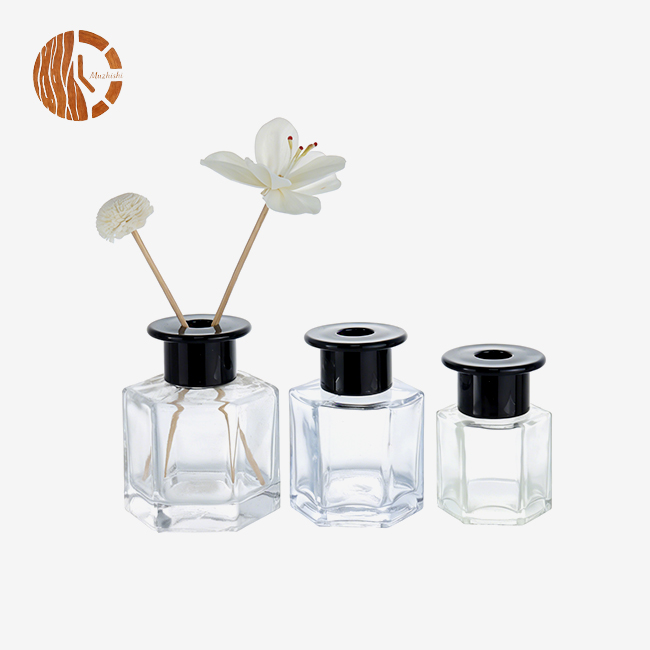 Hexagonal Clear Glass Reed Diffuser Bottle with Black Cap